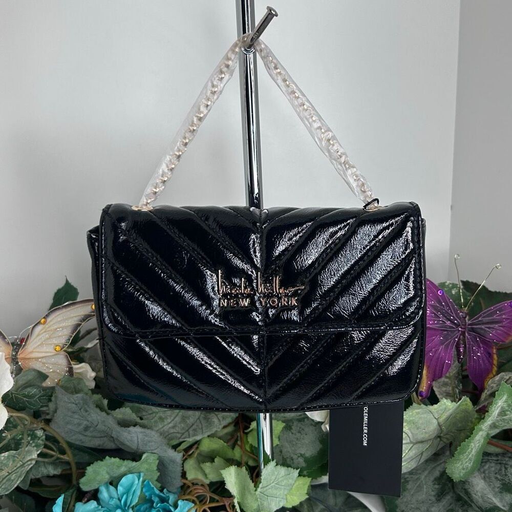 NWT Nicole Miller Crossbody Shoulder Bag Women's Black Gold Quilted Chain Strap